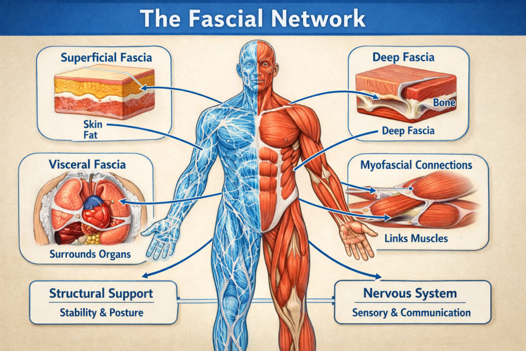 Diagram showing fascial connective tissue network throughout the body