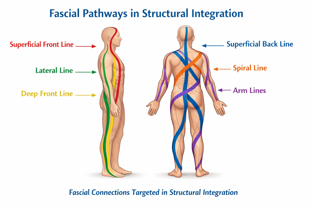 Diagram showing fascial connections targeted during structural integration
